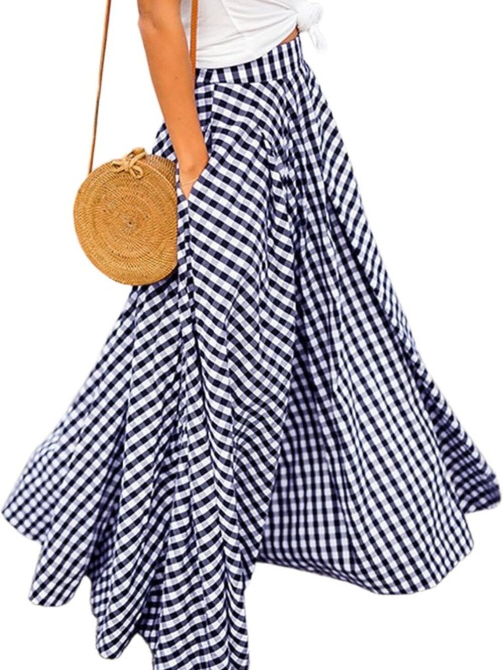 Women's High Waist Plaid Gingham Maxi Skirt - A-Line Pleated Flared Summer Style